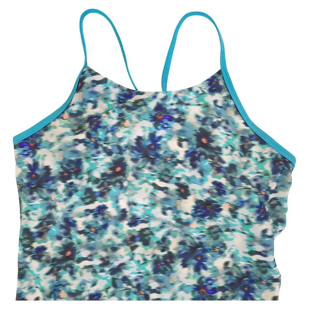 NWT Athleta Girl Swimsuit XXL 16 Blue Printed One Piece Adjustable Straps